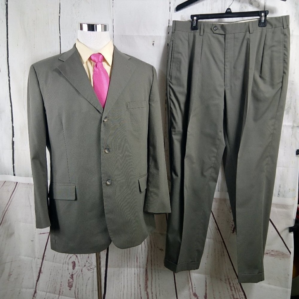 Harold Powell 44R Green Khaki 2pc Suit 35x30.5